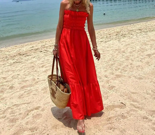 New Fashion Strapless Bohemian Sleeveless Solid Color Slim Fit Dress For Women,3 Colors