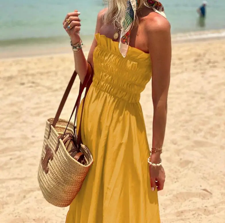 New Fashion Strapless Bohemian Sleeveless Solid Color Slim Fit Dress For Women,3 Colors