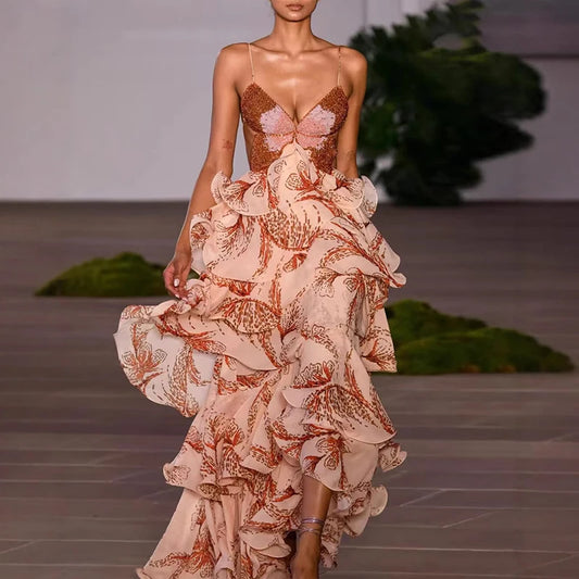 Lady Sexy V Neck Backless Tie Up Long Dress Summer Sleeveless Hollow Bohemian Dress Fashion Butterfly Print Ruffle Pleated Dress