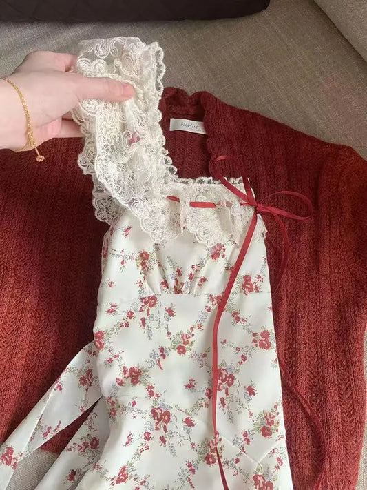 Summer French Elegant Floral Mid Dress Beach Style Korean Fashion Lace Dress 2025 New Bow Sashes Shirt Vestidos