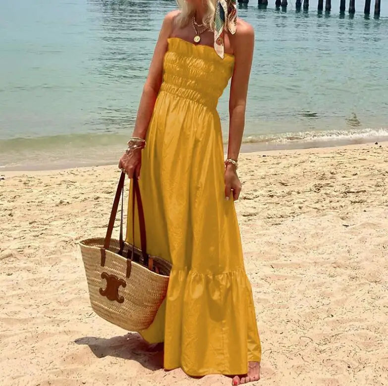 New Fashion Strapless Bohemian Sleeveless Solid Color Slim Fit Dress For Women,3 Colors