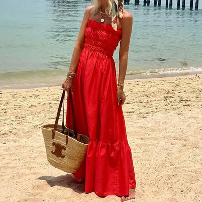 New Fashion Strapless Bohemian Sleeveless Solid Color Slim Fit Dress For Women,3 Colors