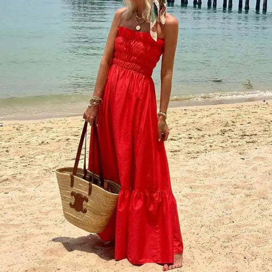 New Fashion Strapless Bohemian Sleeveless Solid Color Slim Fit Dress For Women,3 Colors