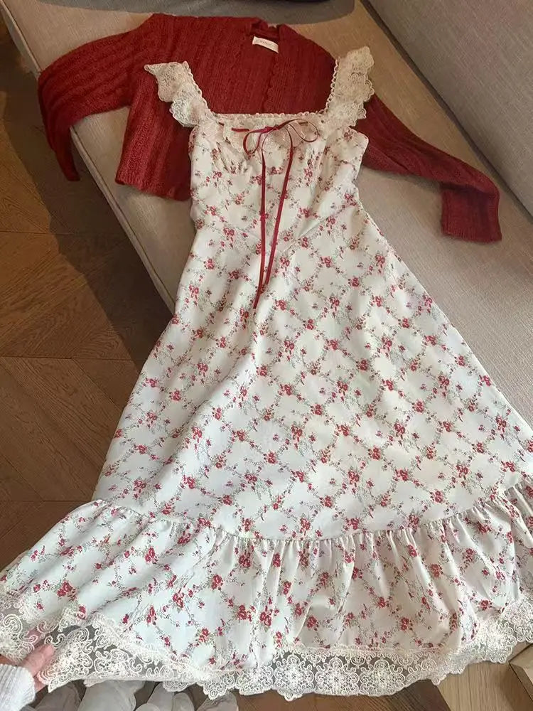 Summer French Elegant Floral Mid Dress Beach Style Korean Fashion Lace Dress 2025 New Bow Sashes Shirt Vestidos