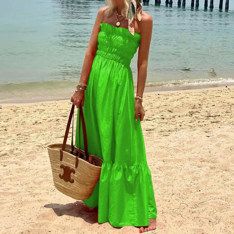 New Fashion Strapless Bohemian Sleeveless Solid Color Slim Fit Dress For Women,3 Colors