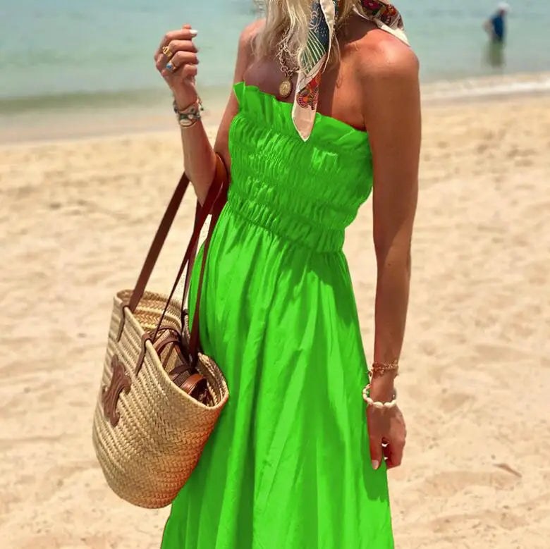 New Fashion Strapless Bohemian Sleeveless Solid Color Slim Fit Dress For Women,3 Colors