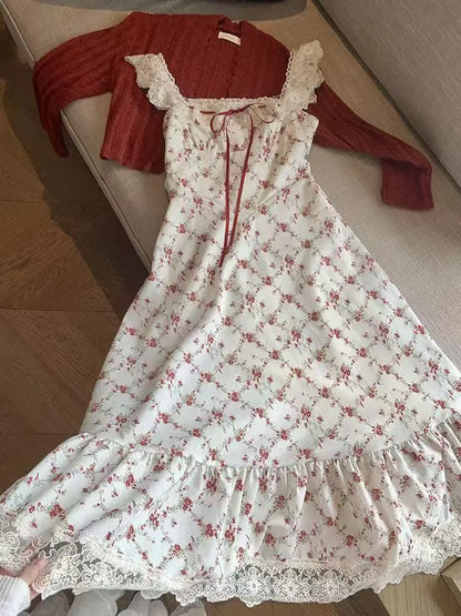 Summer French Elegant Floral Mid Dress Beach Style Korean Fashion Lace Dress 2025 New Bow Sashes Shirt Vestidos