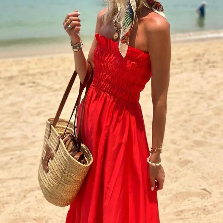 New Fashion Strapless Bohemian Sleeveless Solid Color Slim Fit Dress For Women,3 Colors