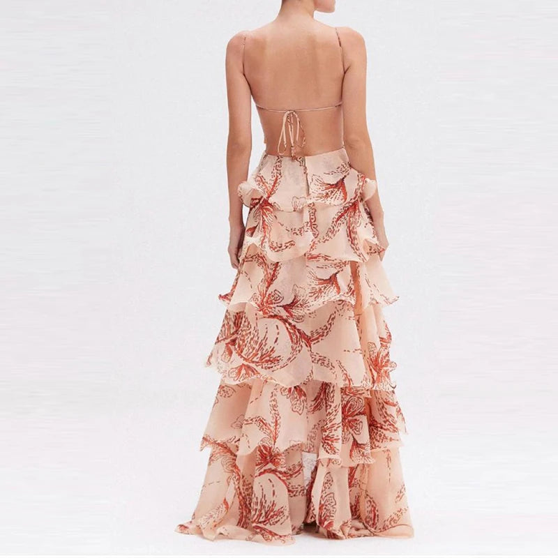 Lady Sexy V Neck Backless Tie Up Long Dress Summer Sleeveless Hollow Bohemian Dress Fashion Butterfly Print Ruffle Pleated Dress