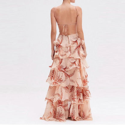 Lady Sexy V Neck Backless Tie Up Long Dress Summer Sleeveless Hollow Bohemian Dress Fashion Butterfly Print Ruffle Pleated Dress