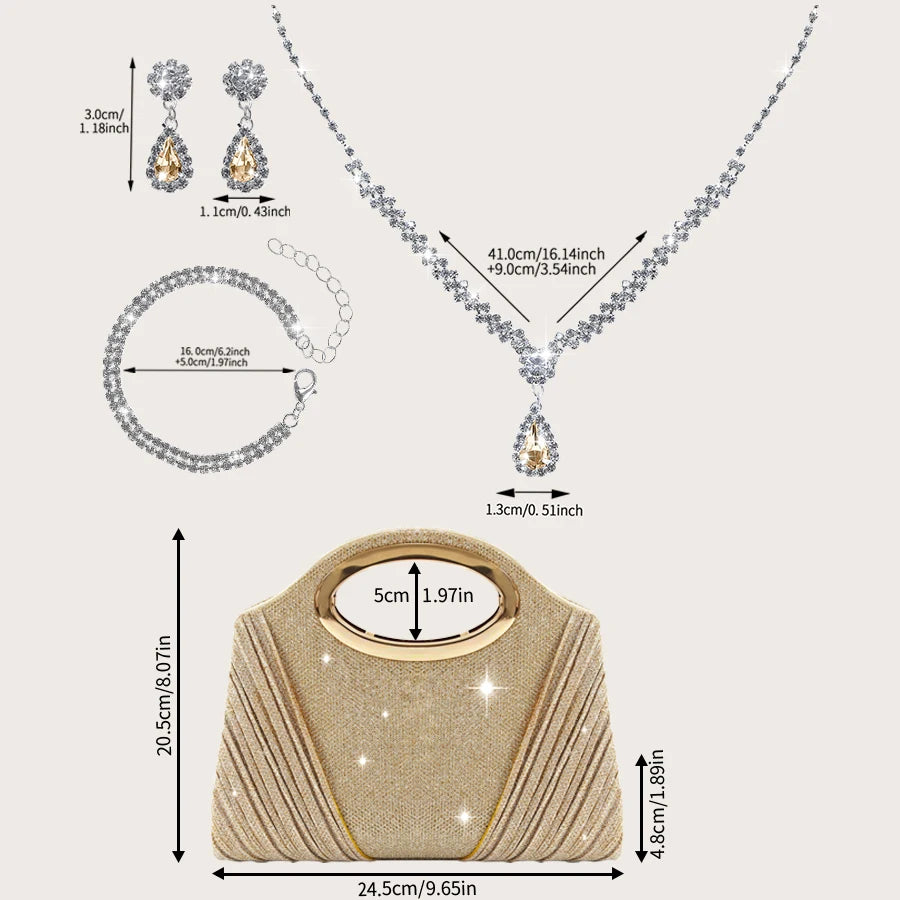 A gorgeous and sparkly party bag for women paired with a stunning four-piece rhinestone necklace, earrings and bracelet set.