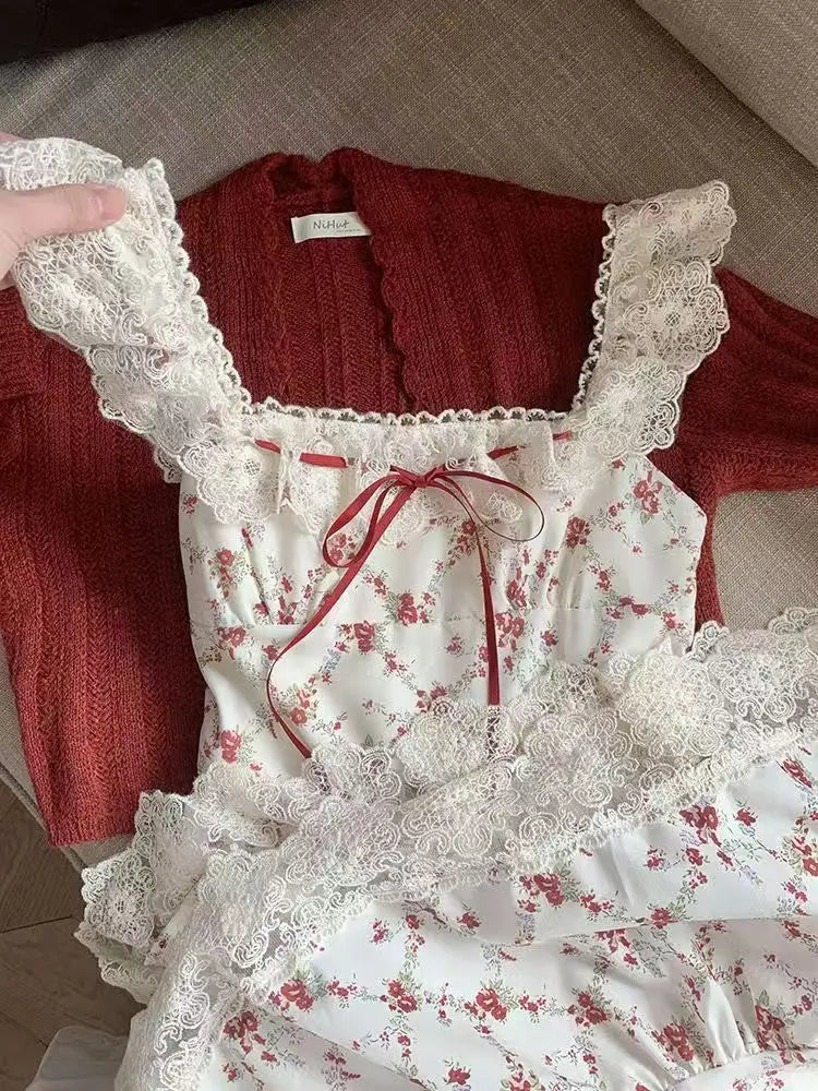 Summer French Elegant Floral Mid Dress Beach Style Korean Fashion Lace Dress 2025 New Bow Sashes Shirt Vestidos