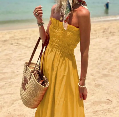 New Fashion Strapless Bohemian Sleeveless Solid Color Slim Fit Dress For Women,3 Colors
