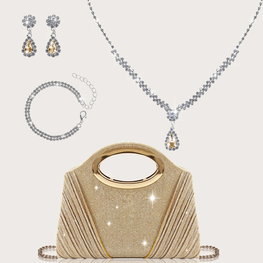 A gorgeous and sparkly party bag for women paired with a stunning four-piece rhinestone necklace, earrings and bracelet set.