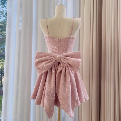 SXTHAENOO Sequins Bow Backless Sexy Mini Dress For Women Robe Fashion Square Collar Sleeveless High Waist A-line Club Dress